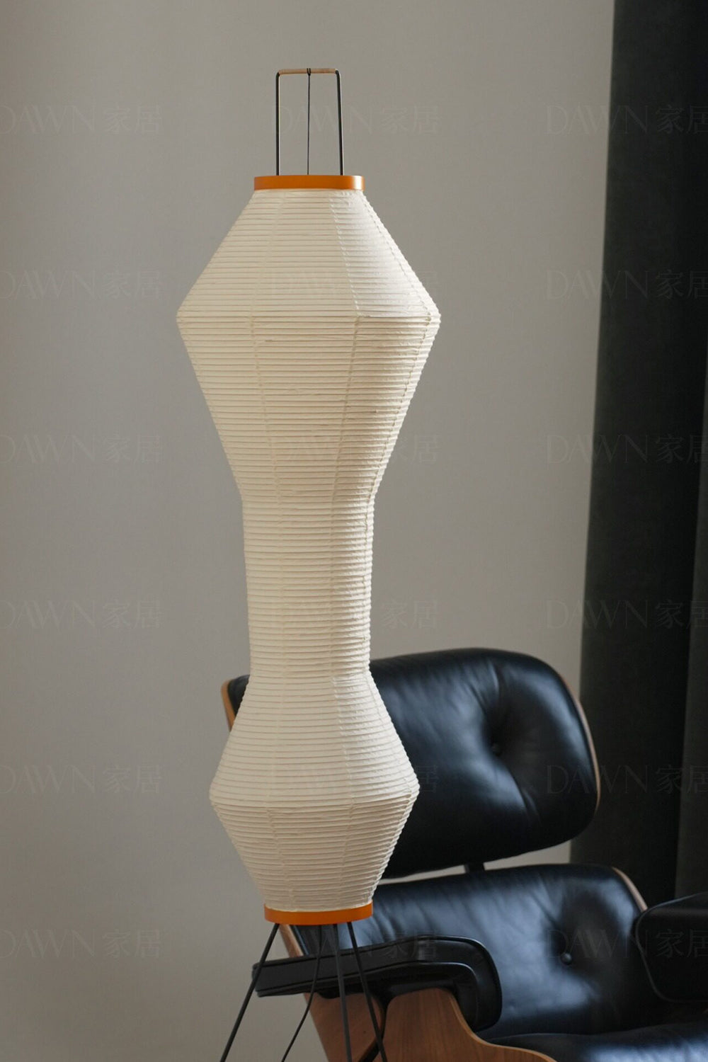 Verena Hourglass Paper Floor Lamp showcasing hourglass design with off-white pleated shade and black metal base.