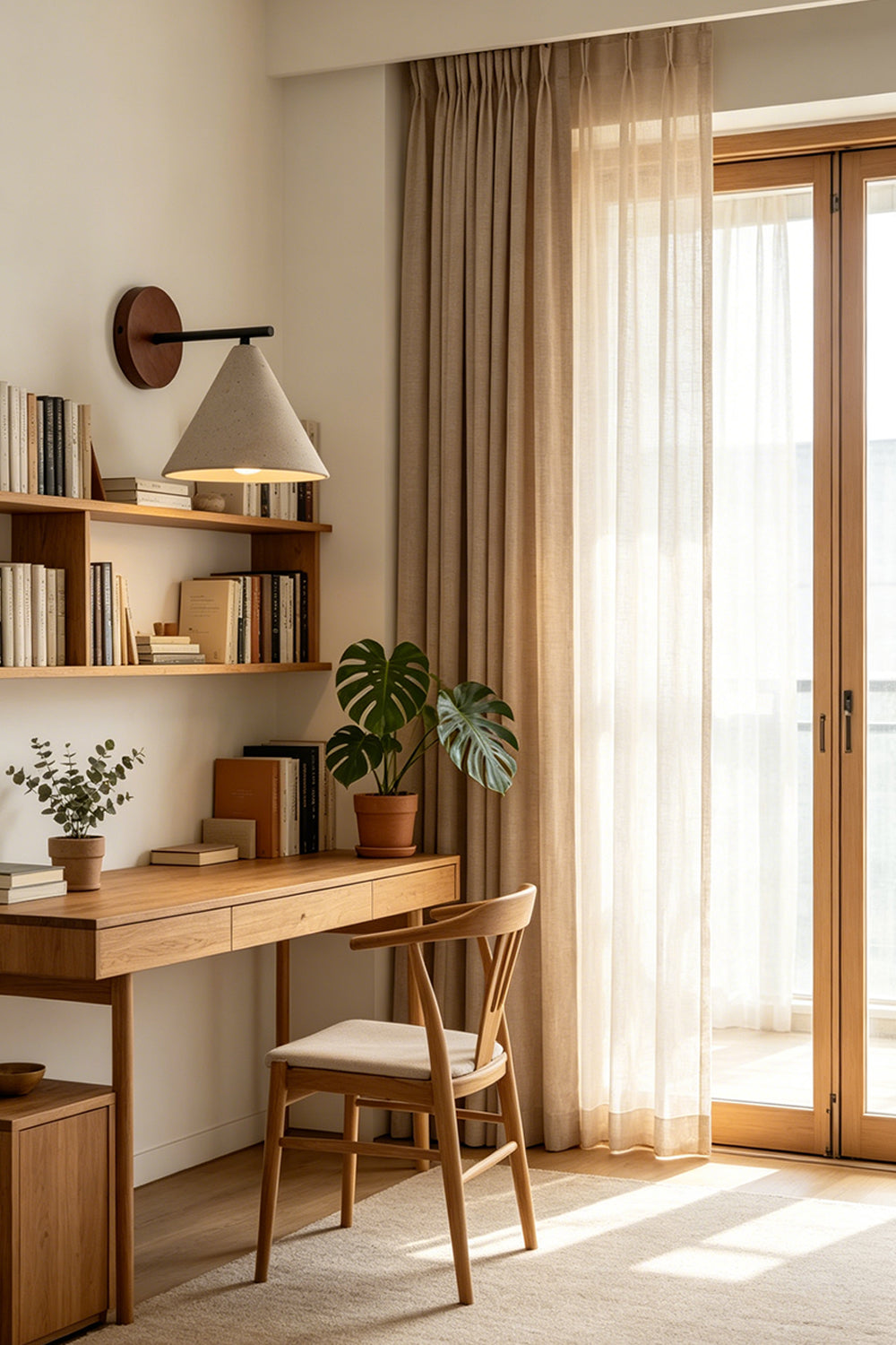 Vesper Cone Travertine Wall Light | Travertine, Wood | Desk lighting near large window and shelves | vexa lamps