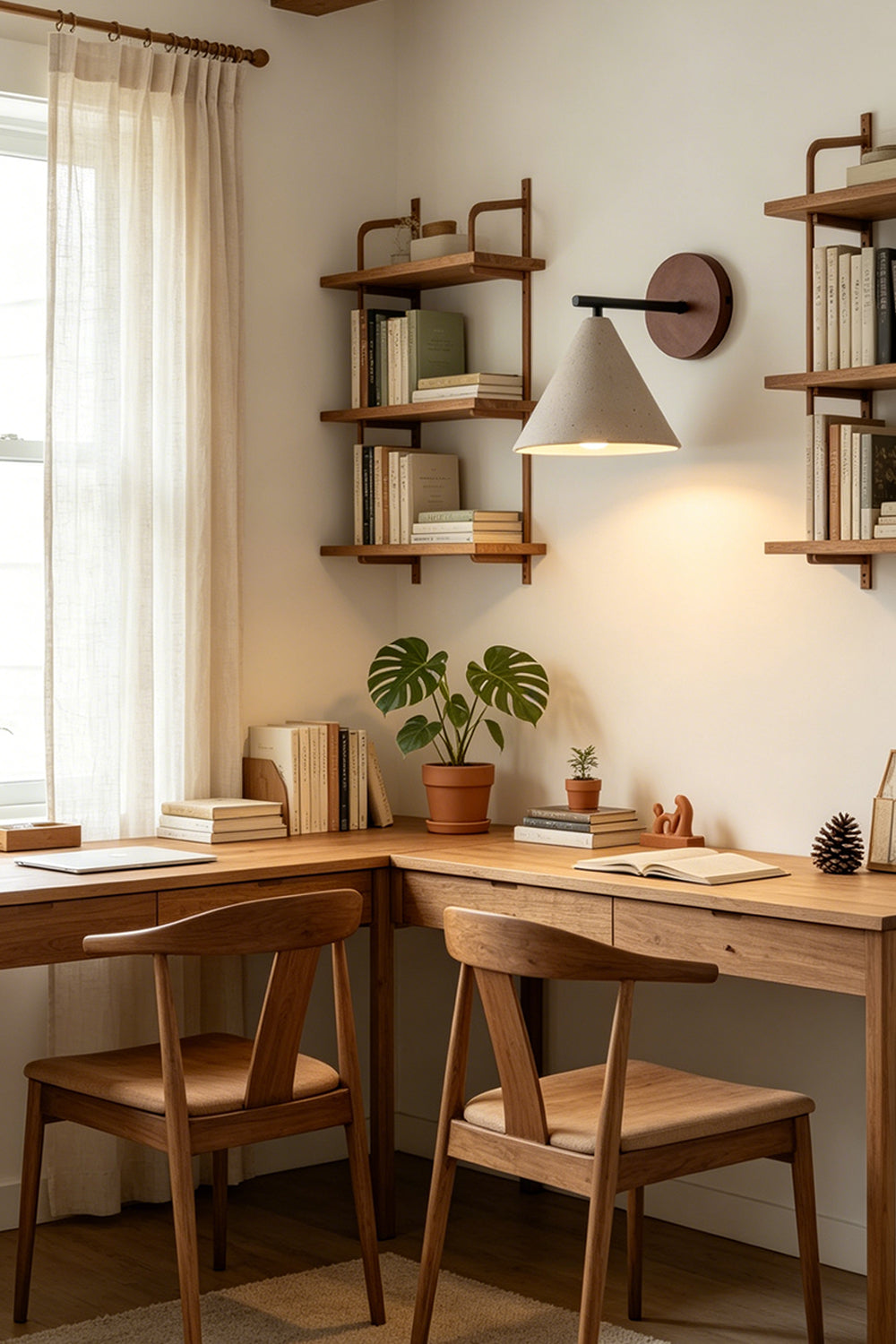 Vesper Cone Travertine Wall Light | Travertine, Wood | Corner workspace with wooden desk and chairs | vexa lamps