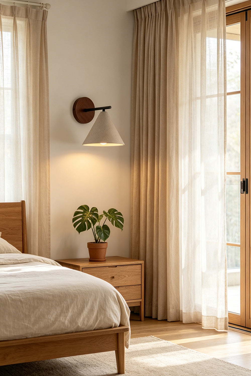 Vesper Cone Travertine Wall Light | Travertine, Wood | Bedside installation in warm modern bedroom | vexa lamps