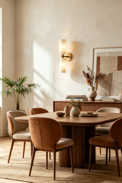 Vesperal Axis Alabaster Wall Lamp | Alabaster, Metal | Mounted in a contemporary dining room with a round wooden table and warm earth-toned chairs | vexa lamps