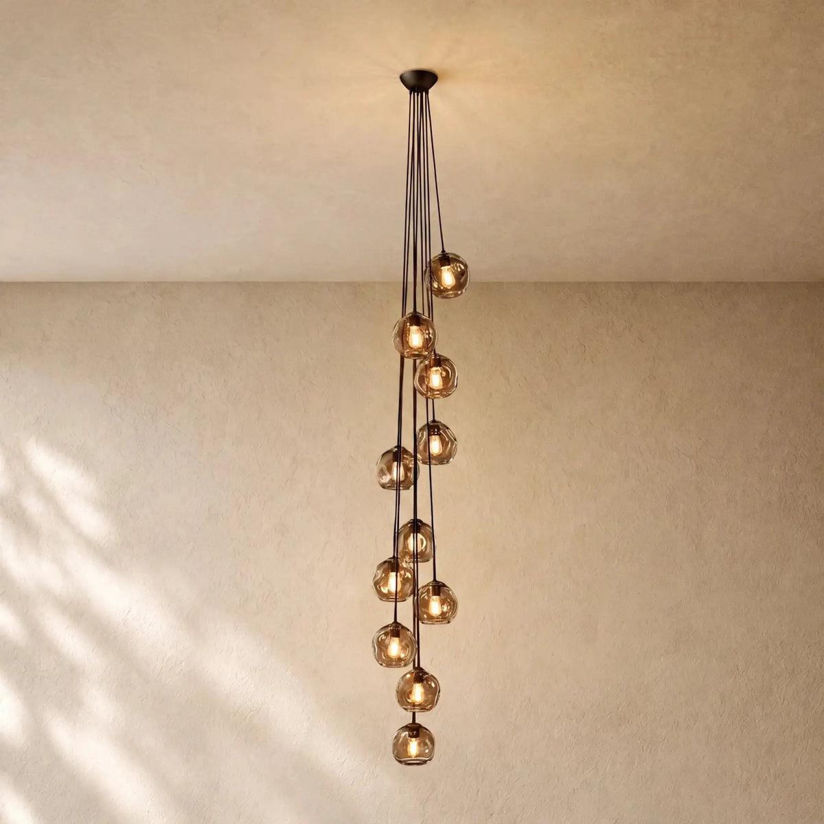 Bubble Glass Cascade Pendant - 11-Globe / Bronze / Smoke
