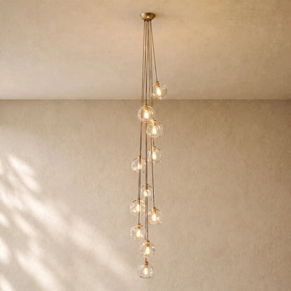 Bubble Glass Cascade Pendant - 11-Globe / Lacquered Burnished Brass / Clear