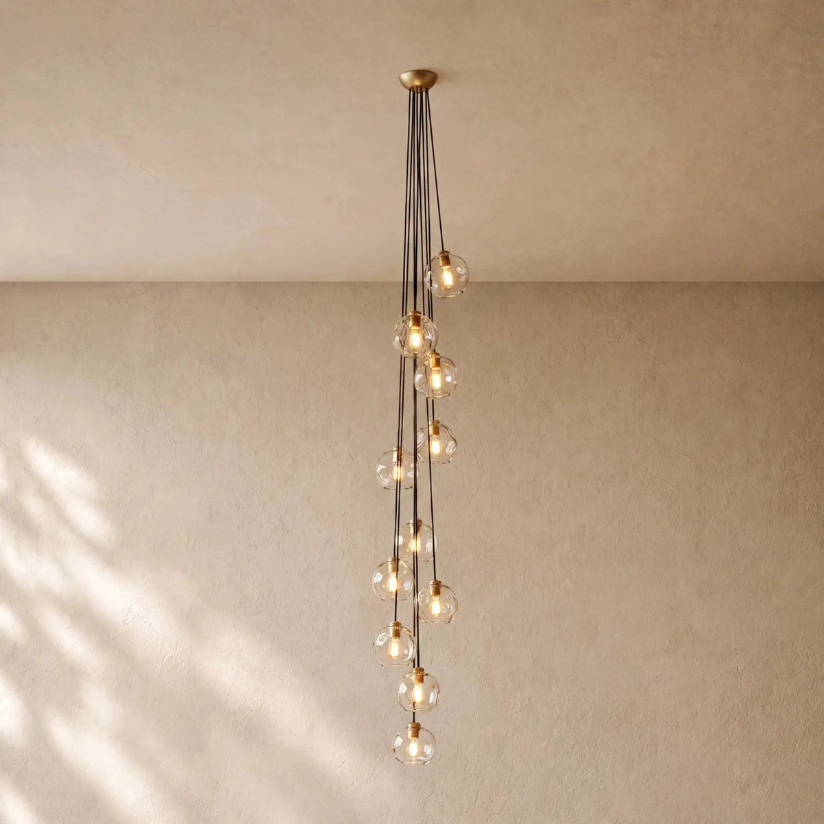 Bubble Glass Cascade Pendant - 11-Globe / Lacquered Burnished Brass / Smoke