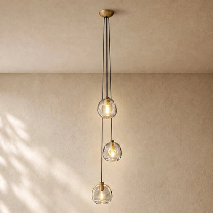 Bubble Glass Cascade Pendant - 3-Globe / Lacquered Burnished Brass / Clear