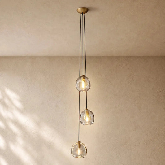 Bubble Glass Cascade Pendant - 3-Globe / Lacquered Burnished Brass / Clear