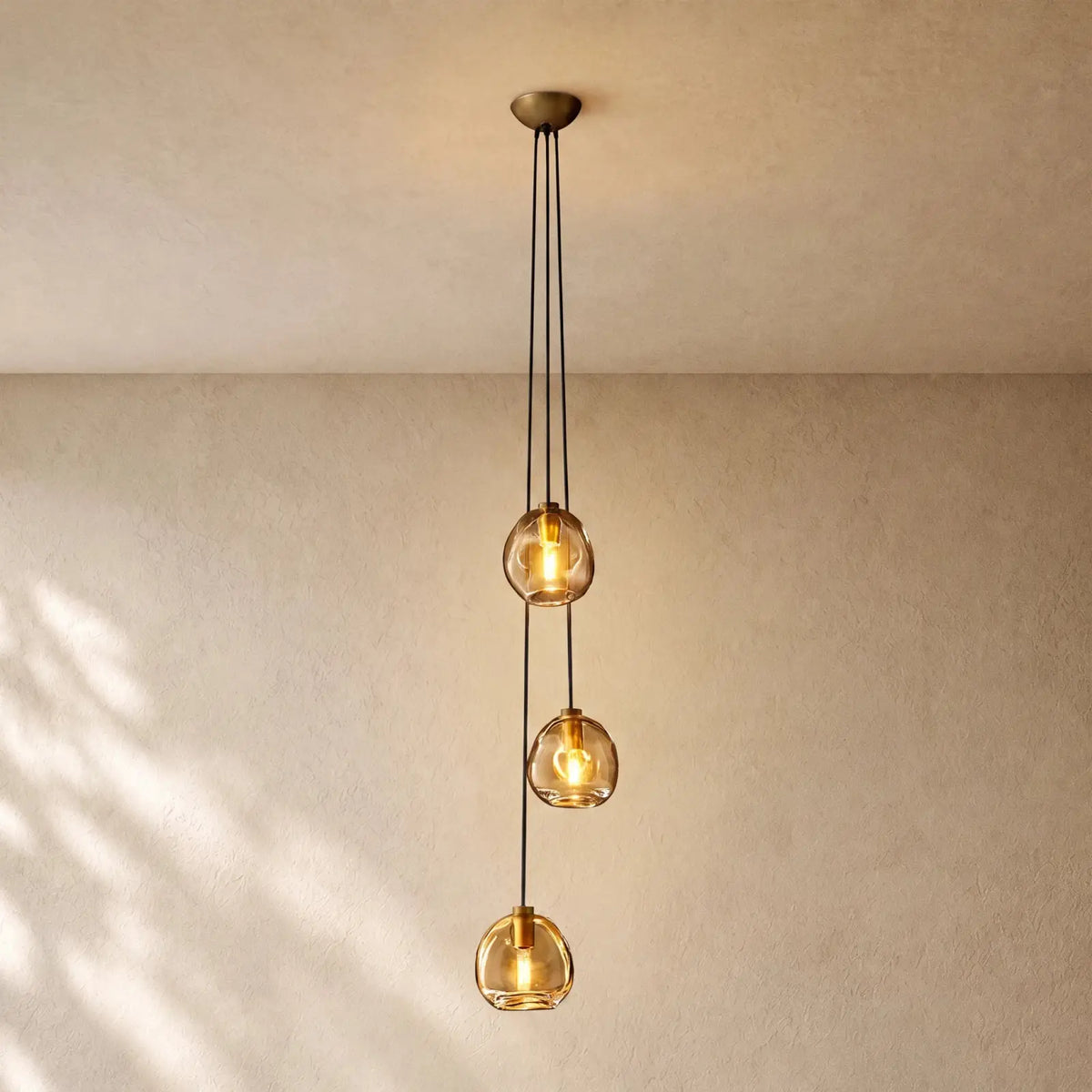Bubble Glass Cascade Pendant - 3-Globe / Lacquered Burnished Brass / Smoke