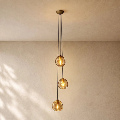 Bubble Glass Cascade Pendant - 3-Globe / Lacquered Burnished Brass / Smoke