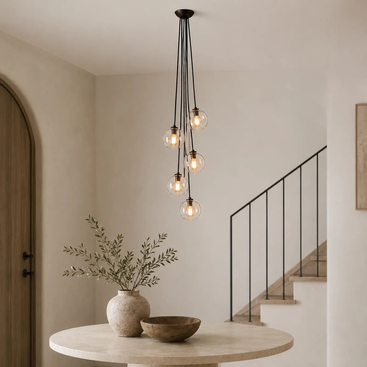 Bubble Glass Cascade Pendant - 5-Globe / Bronze / Clear