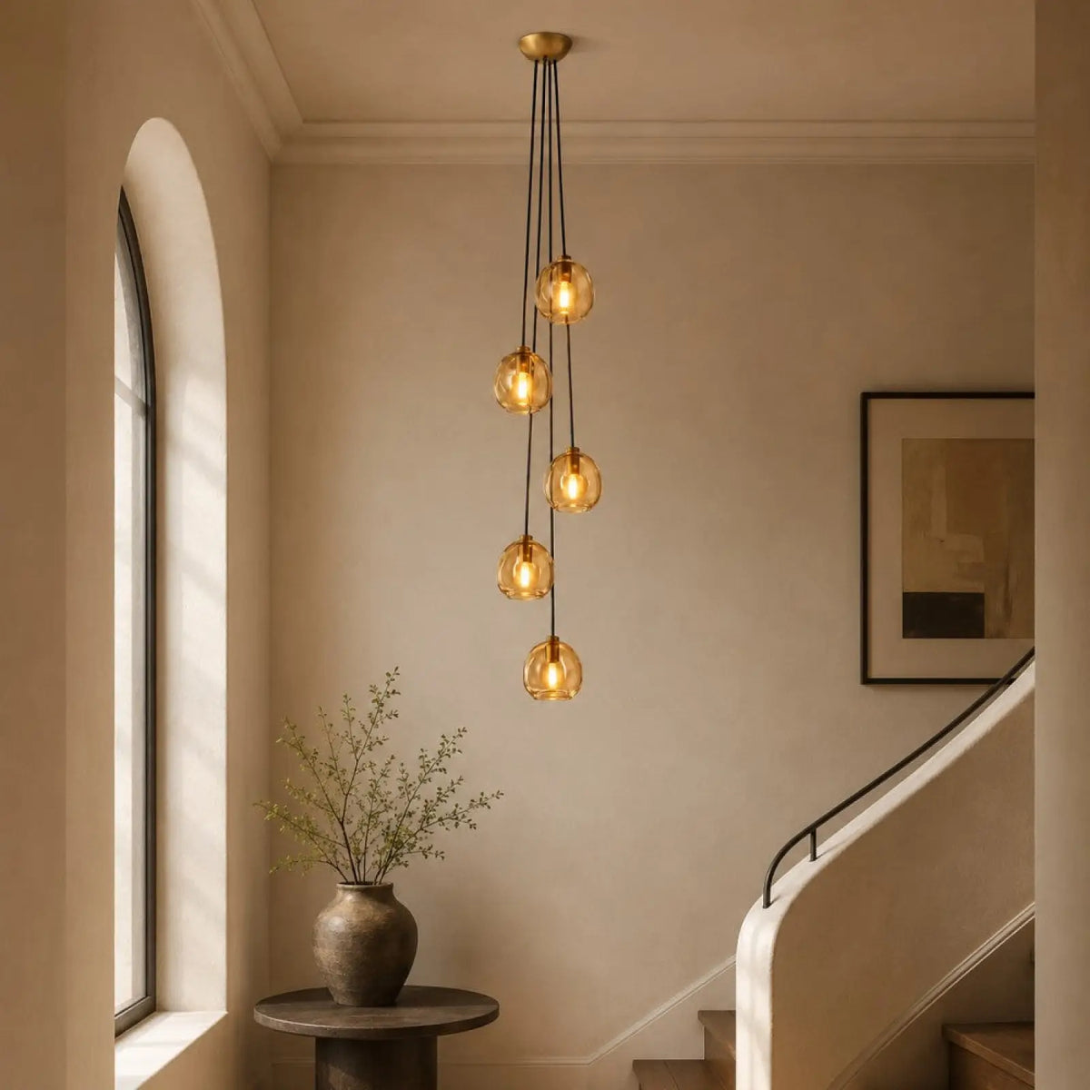 Bubble Glass Cascade Pendant - 5-Globe / Lacquered Burnished Brass / Clear