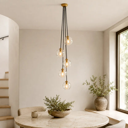 Bubble Glass Cascade Pendant - 5-Globe / Lacquered Burnished Brass / Smoke