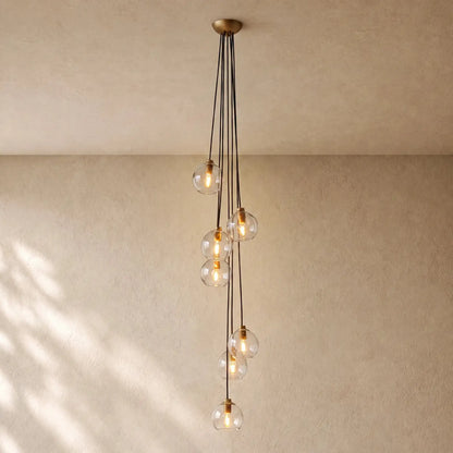 Bubble Glass Cascade Pendant - 7-Globe / Lacquered Burnished Brass / Clear