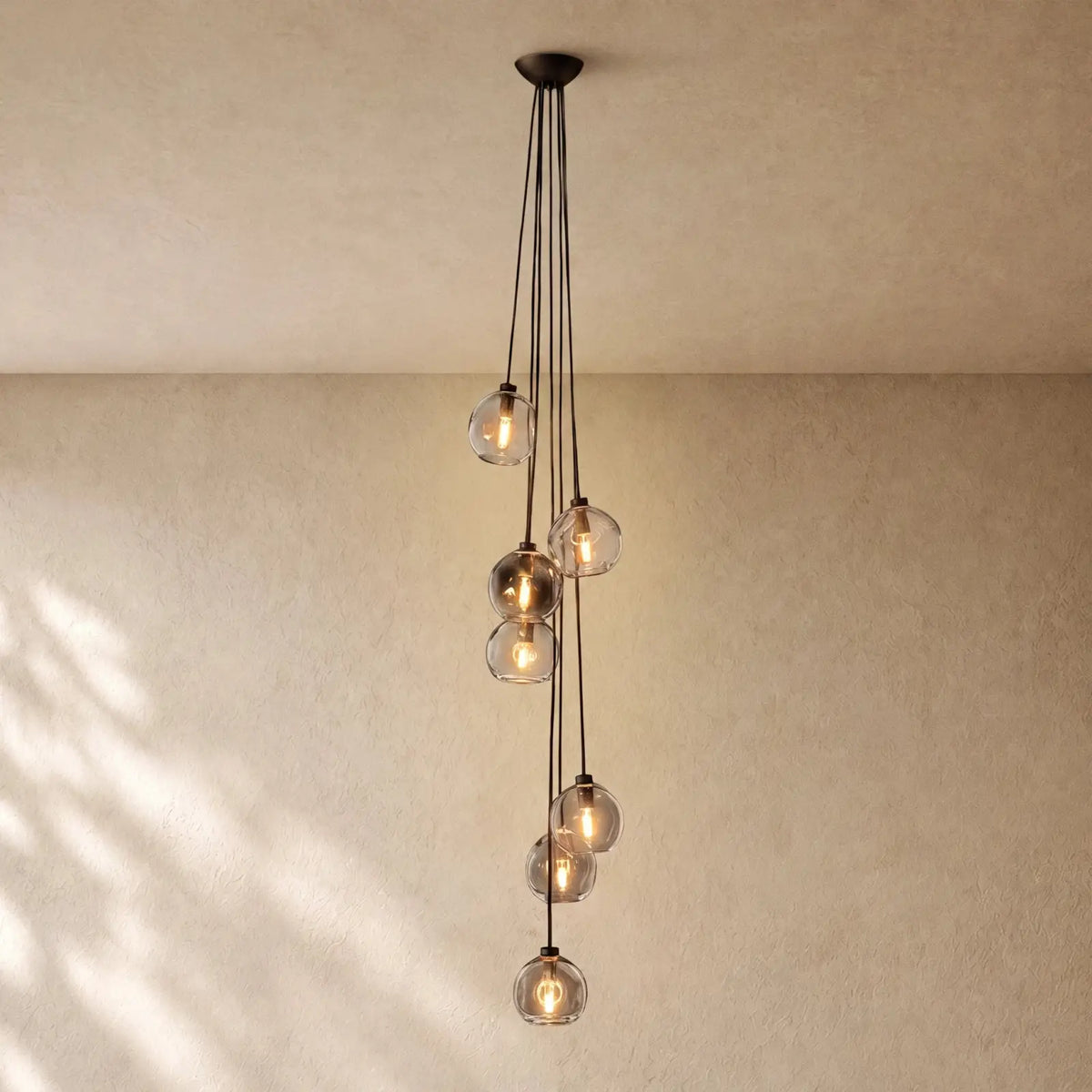 Bubble Glass Cascade Pendant - 7-Globe / Lacquered Burnished Brass / Smoke