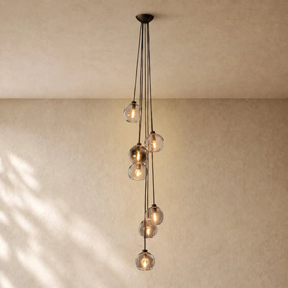 Bubble Glass Cascade Pendant - 7-Globe / Lacquered Burnished Brass / Smoke