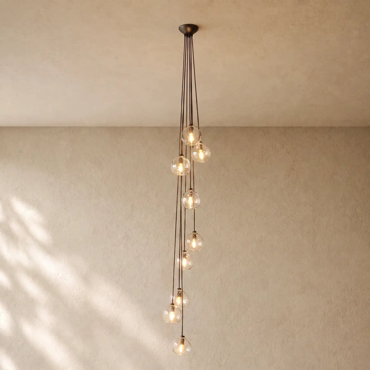 Bubble Glass Cascade Pendant - 9-Globe / Bronze / Clear