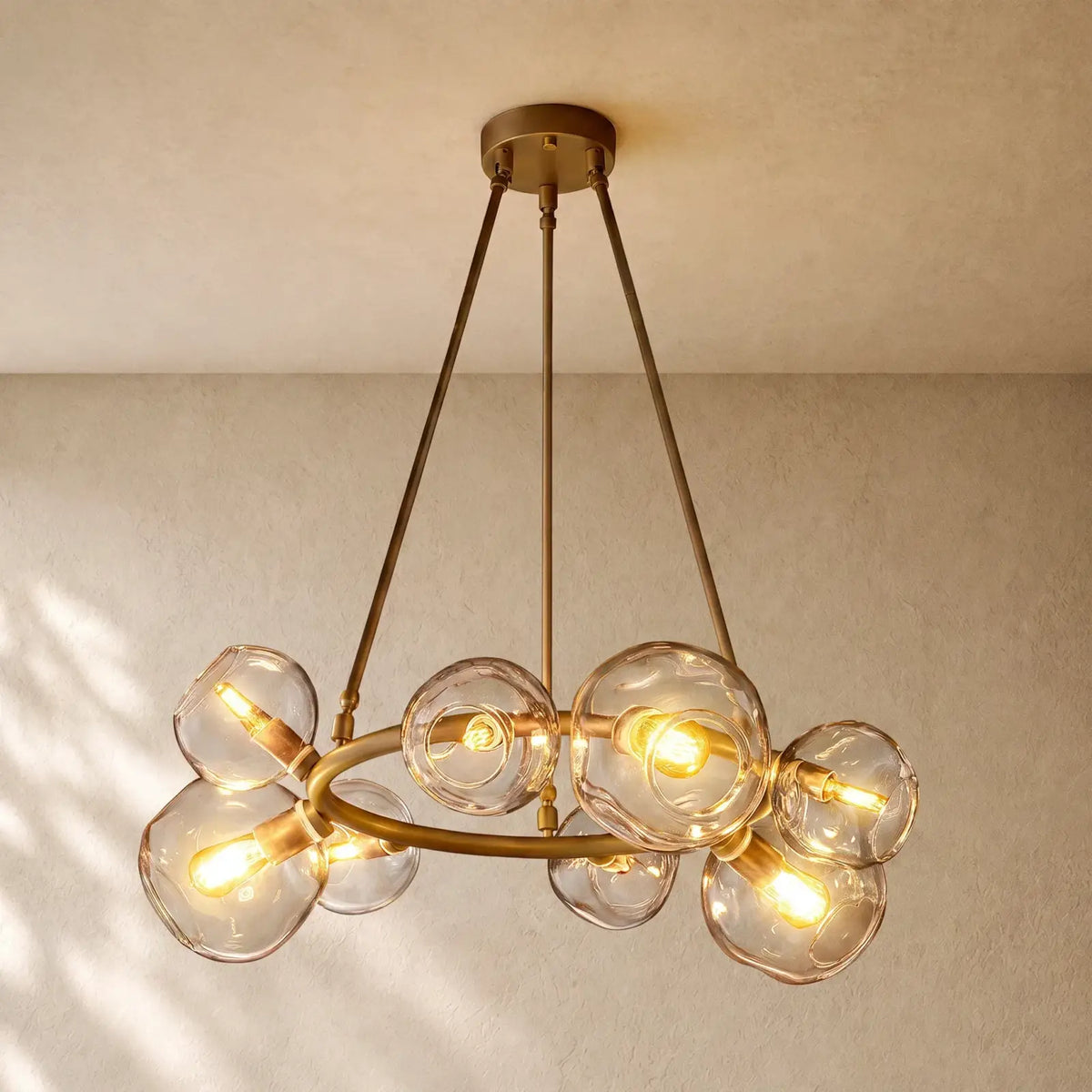 Bubble Glass Round Chandelier - 36’’ / Lacquered Burnished Brass / Smoke