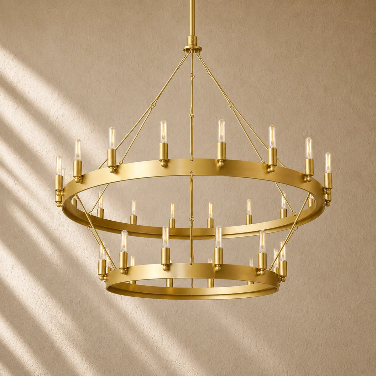 Caminon Vintage 2-Tier Round Chandelier - 38’’D / Lacquered Brass / Filament