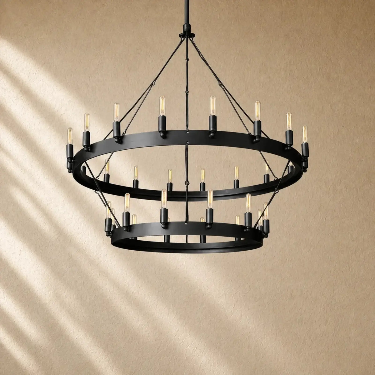 Caminon Vintage 2-Tier Round Chandelier - 38’’D / Matte Black / Filament