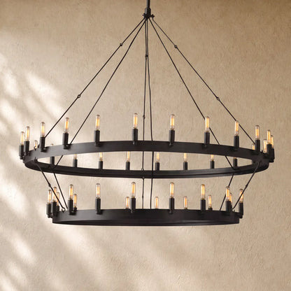 Caminon Vintage 2-Tier Round Chandelier - 63’’D / Matte Black / Filament