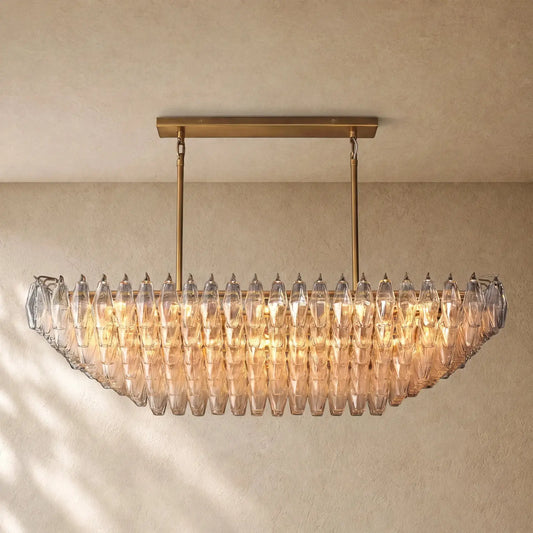 Chiaramn Clear Glass Tired Rectangular Chandelier 54’’74’’ - Clear / 54’’ / Lacquered Burnished Brasss